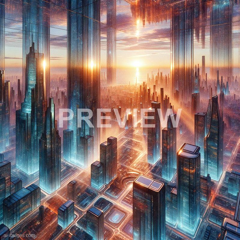 The image depicts a highly futuristic cityscape with towering skyscrapers made of reflective glass, emitting a vibrant glow with shades of blue and orange. The city is illuminated by the setting or rising sun, casting warm light across the structures and creating a dreamy, almost surreal atmosphere. Overhead, there are thin, glowing lines crisscrossing the sky, adding to the sci-fi aesthetic, and the entire scene appears to be viewed from an elevated vantage point, emphasizing the scale and grandeur of this advanced metropolis.